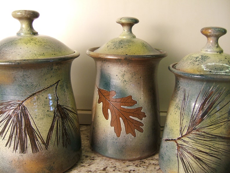 Canister set Lidded Jars Kitchen Canisters with tree leaves in Green Leaf Glaze image 4