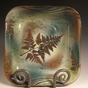 serving bowl stoneware bowl square bowl green leaf with Rabbitfoot Fern impressions