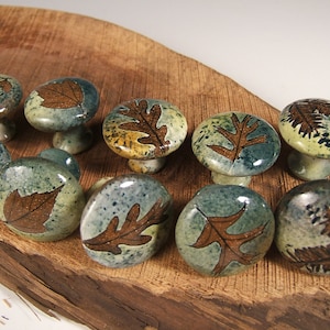 May include: Ten ceramic cabinet knobs with a rustic, autumnal theme. Each knob features a different leaf design in shades of brown, green, and beige, with a mottled glaze.