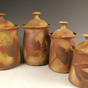 Canister set Lidded Jars Kitchen Canisters with tree leaves in Green Leaf Glaze Earthtone 4 pcs