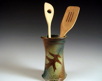 16 oz Stoneware Vase, Glass, Spoon Holder with Green Leaf Glaze
