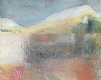 May include: Abstract landscape painting in muted tones. The artwork depicts a light blue sky, a yellow and green landscape, and a foreground with red and pink accents. The painting has a textured, layered appearance, with a sense of depth.
