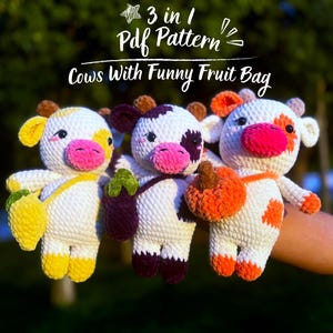 Kühe mit lustigen Obstbeuteln 3in1 PDF Pattern, Kuh Stofftier, Häkelprojekte für Anfänger, Easy Crochet Animals Project