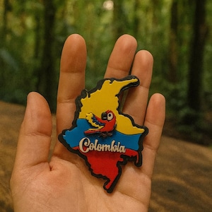 Colombian Map Fridge Magnet with Cultural Icons – Coffee, Chiva, Parrot, Symbols Loro Caribe