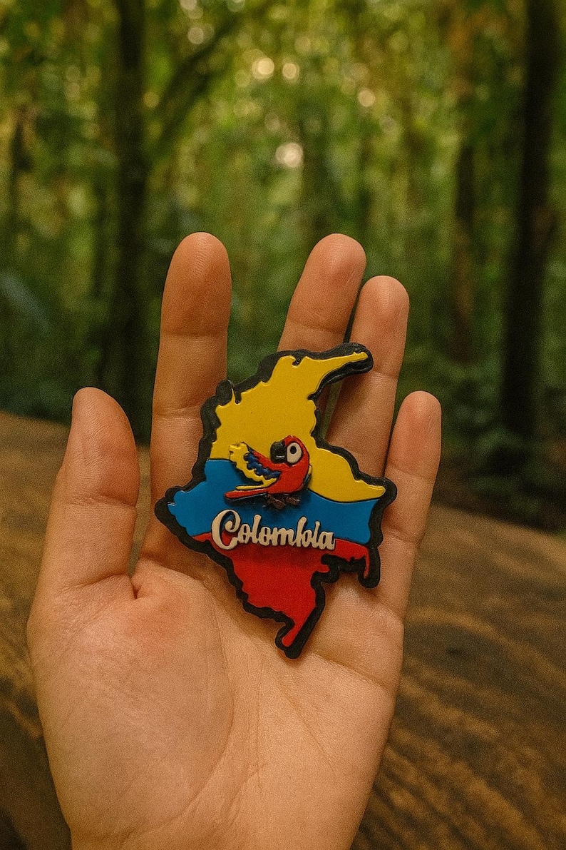 Colombian Map Fridge Magnet with Cultural Icons – Coffee, Chiva, Parrot, Symbols Loro Caribe