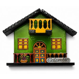 Imán artesanal de casa colonial colombiana – Recuerdo colorido de madera 3D para el refrigerador