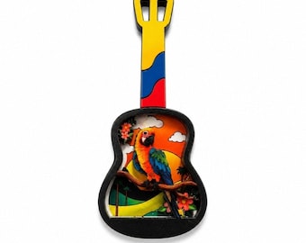 Imán 3D de guitarra colombiano hecho a mano con tucán o guacamayo / Decoración colorida para el refrigerador
