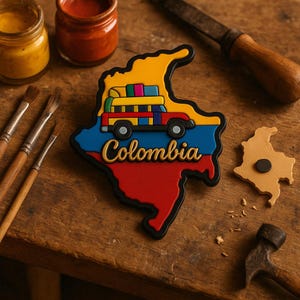 May include: A colorful, 3D,  magnet shaped like the outline of Colombia with a yellow, red, and blue flag design. A yellow bus with a red roof and colorful luggage on top is driving across the flag. The word "Colombia" is written in gold letters on the blue part of the flag.