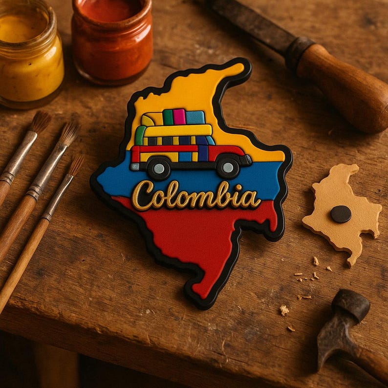 May include: A colorful, 3D,  magnet shaped like the outline of Colombia with a yellow, red, and blue flag design. A yellow bus with a red roof and colorful luggage on top is driving across the flag. The word "Colombia" is written in gold letters on the blue part of the flag.