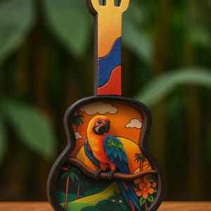 Imán de guitarra 3D colombiano hecho a mano con tucán o guacamayo / Decoración colorida para nevera