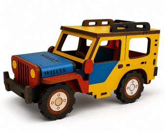 Ręcznie robiony miniaturowy Jeep Willys z płyty MDF – kolumbijska pamiątka