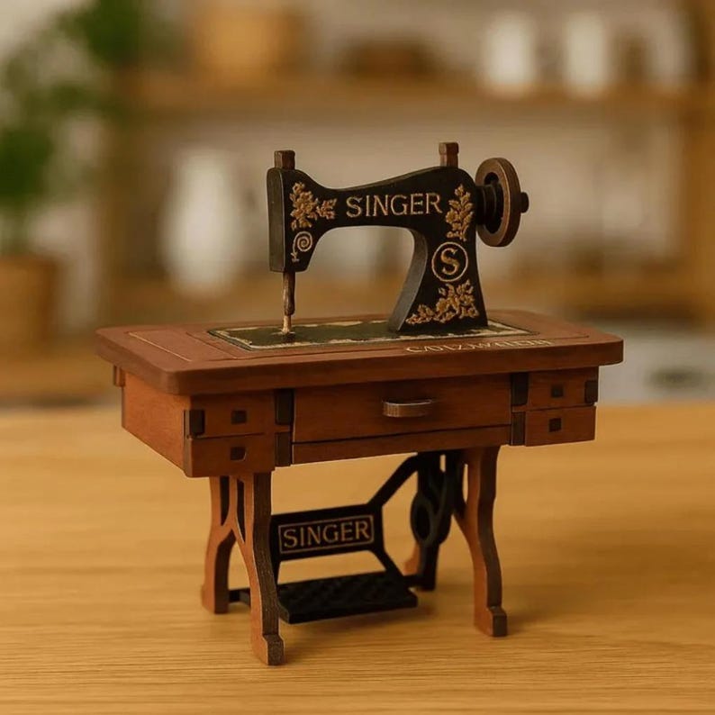 Mini Wooden Singer Sewing Machine – Handmade Vintage Decor – Artisan Colombian Collectible Gift