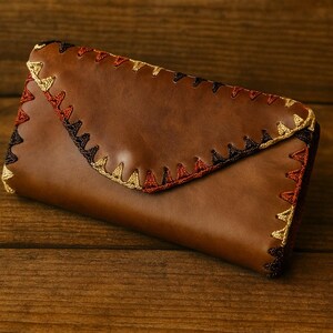 Carteira grande de couro feita à mão para mulheres – Patchwork colorido – 19 x 10 cm – Artesanato colombiano genuíno