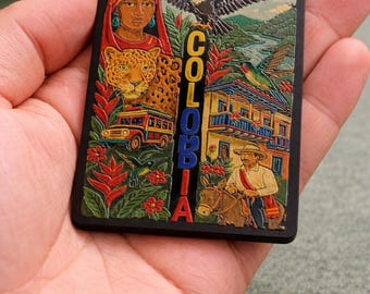 Colombia Souvenir Magnet – MDF Fridge Magnet with Jaguar, Indigenous Woman, Andean Condor & Chiva Bus