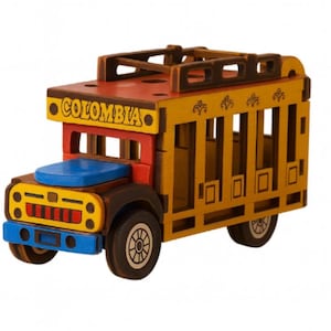 Handgefertigte Mini-Figur eines kolumbianischen Chiva-Busses • Dekorative Holzfigur im Volkskunststil
