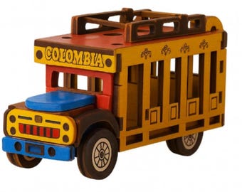 Ręcznie robiona miniaturowa kolumbijska figurka autobusu Chiva • Drewniana dekoracja ludowa