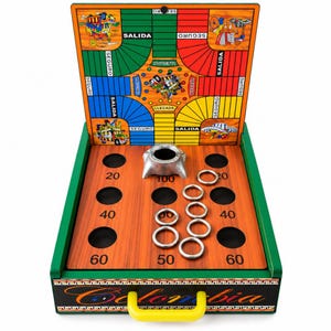 May include: A wooden ring toss game featuring a colorful board with a Ludo-style path, a central metal post, and several metal rings. The board displays the word Colombia in script, with numerical point values 20, 40, 50, and 60 printed below holes.
