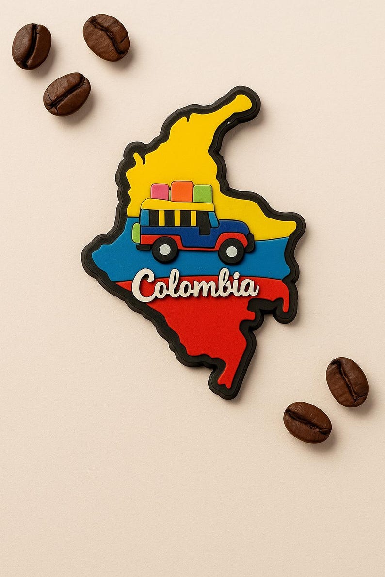 Colombian Map Fridge Magnet with Cultural Icons – Coffee, Chiva, Parrot, Symbols image 4