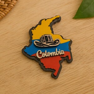 Colombian Map Fridge Magnet with Cultural Icons – Coffee, Chiva, Parrot, Symbols Sombrero Vallenato