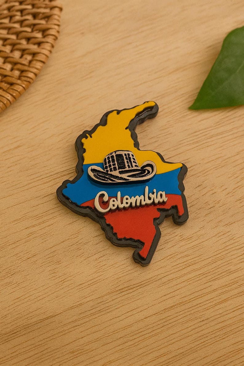 Colombian Map Fridge Magnet with Cultural Icons – Coffee, Chiva, Parrot, Symbols Sombrero Vallenato