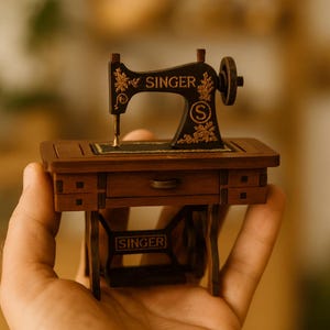 Mini Wooden Singer Sewing Machine – Handmade Vintage Decor – Artisan Colombian Collectible Gift