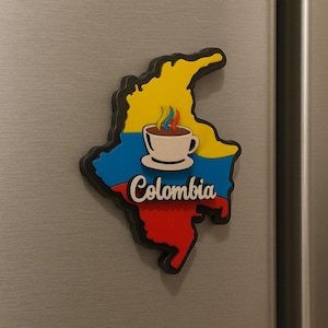 Colombian Map Fridge Magnet with Cultural Icons – Coffee, Chiva, Parrot, Symbols Café Caliente