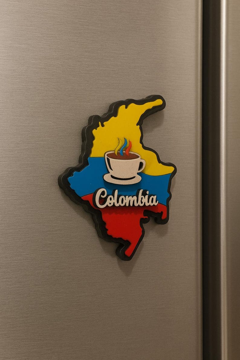 Colombian Map Fridge Magnet with Cultural Icons – Coffee, Chiva, Parrot, Symbols Café Caliente