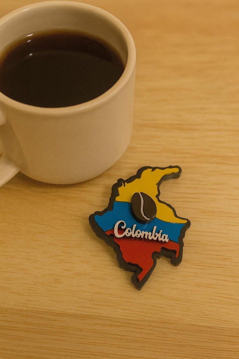 Colombian Map Fridge Magnet with Cultural Icons – Coffee, Chiva, Parrot, Symbols Grano de Café