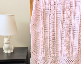 Heirloom Cable Sampler Crochet Baby Blanket Pattern| DIGITAL PDF DOWNLOAD | Crochet Cables, Pink Baby Blanket, Baby Girl Blanket Pattern