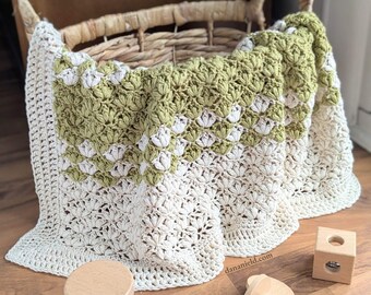 Lotus Stitch Crochet Baby Blanket Pattern | DIGITAL PDF DOWNLOAD | one-row repeat, lacy shell stitch, lyocell anti-microbial yarn, puff sts