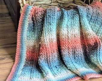 Misty Dawn Crochet Baby Blanket Pattern | DIGITAL PDF DOWNLOAD | easy to memorize, cotton yarn, ombre, gender neutral, simple cable texture