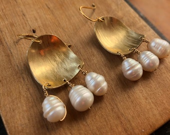 Open Door Earrings with 3 White Fresh Water Pearls: Light + Love Collection