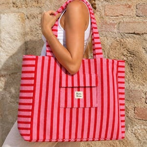Pink Red Striped Terry Cloth Beach Tote Bag | Large Cotton Summer Tote | Soft Travel Bag | Pool Bag | Weekend Shopper | Gift for Her Design