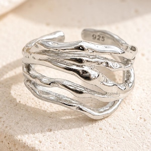 925 Sterling Silver Wave Ring – Adjustable Open Statement Ring, Organic Silver Jewelry, Gift for Her
