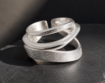 925 Sterling Silver Wrap Ring – Adjustable Open Statement Ring, Textured Silver Jewelry, Gift for Her