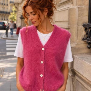 Gilet en mohair rose, gilet en maille, gilet boutonné, maille à superposer pour femme