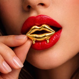 Könnte beinhalten: Nahaufnahme roter Lippen mit goldenem Lippenstift. Ein goldener, lippenförmiger Anhänger mit tropfenden Details wird zwischen Lippen und Fingern gehalten. Der Anhänger hat eine glänzende, metallisch goldene Farbe.