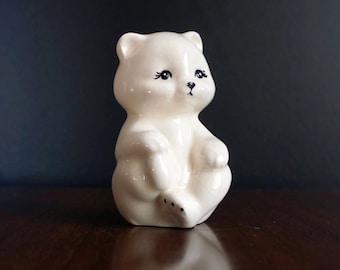 Vintage Polar Bear Cub figurine statue - small white ceramic bear statue with sweet face - Made in Canada