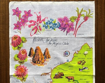 Western Australia Vintage Linen Tea Towel - The Progress State - Labelled Flowers and Map on Handprinted Linen