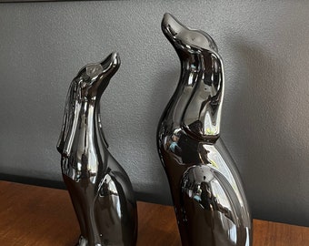 Pair of Black Dog statues, ceramic glossy black MCM sleek modern design, Mid century style home decor, black dog art