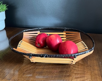 Basket with black bead detail - Wood basket with black wrapped edge, 1970's home decor, vintage fruit basket, vintage bread basket