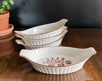 Oven Proof Baking Dishes - Made in Japan , 1970s flower design on natural beige, Set of 4 dishes, au gratin dishes or asparagus dishes