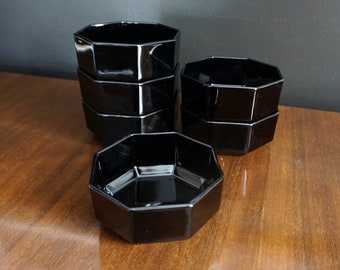 Black glass bowl set, Arcoroc Octime, Set of 6, small side bowl, stacking bowl set, side plate, dessert bowl, 1980s, Made in France, Arcopal