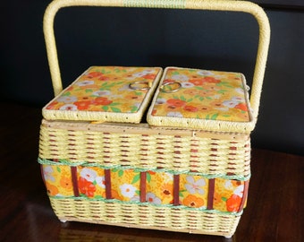 Sewing Basket - Vintage wicker sewing kit with flower print fabric - 1970's Korea - Yellow green sewing basket complete with plastic tray