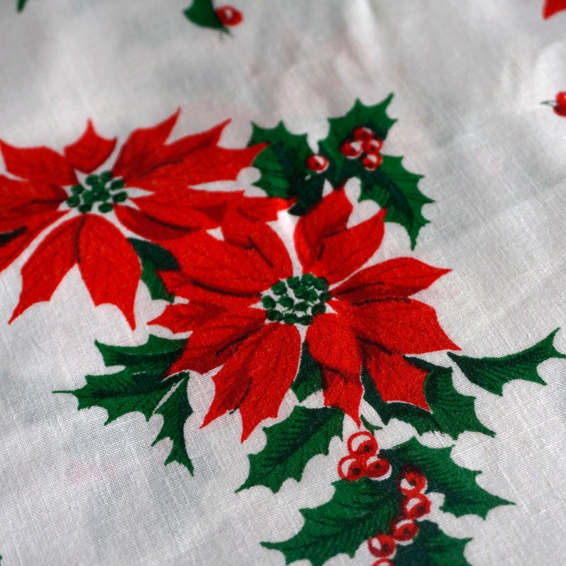 Christmas Poinsettias Cotton Tablecloth or Fabric yardage Vintage 4 1/2 x 9 1/2 feet , Use as a retro tablecloth or as fabric yardage image 4