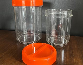 Canister Set - Plastic Canister Set with bright orange lids, IPL Collection by Andre Morin, Made in Canada, 1970s 1980s vintage kitchen set