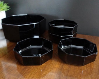 Salad Bowl Serving Set, Arcoroc Octime Black Glass Bowl, Set of 5, Large serving bowl with 4 smaller bowls, 1980's, Made in France, Arcopal