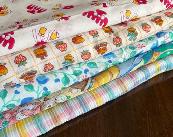 Fabric Lot, Five Cute fabric pieces, children's decor and clothes, vintage nursery rhyme fabric, strawberry shortcake vintage fabric