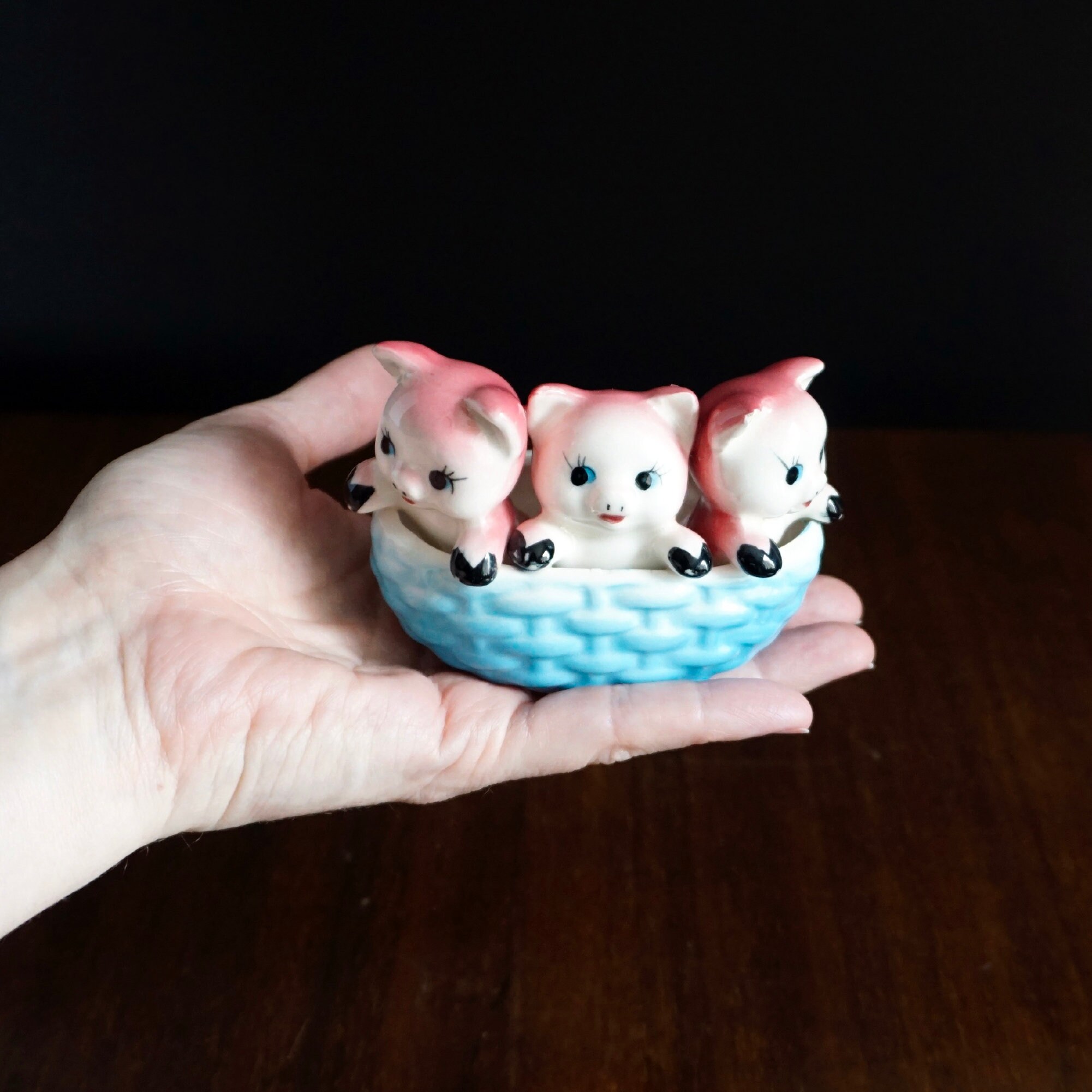 Vintage Three Pigs in a Basket figurine Piglets in blue Etsy