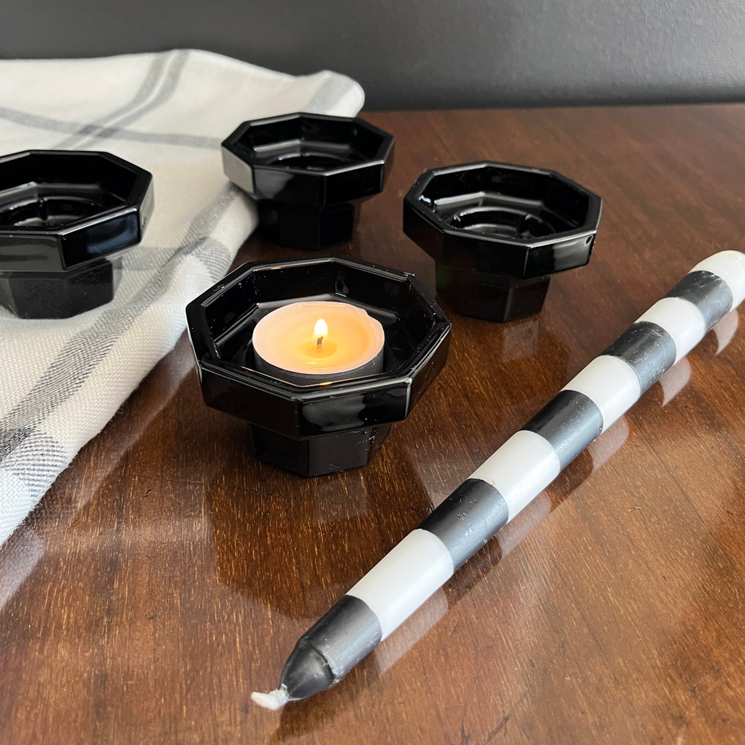 Arcoroc Candle Holder Black Glass 1980's Style Set Etsy